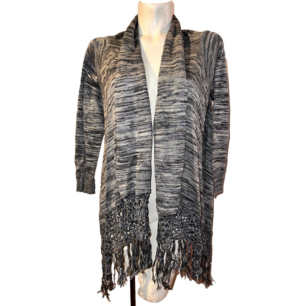ONLY Womens Space Dye Open Front Cardigan Grey Black Crochet Fringe Boho Size S